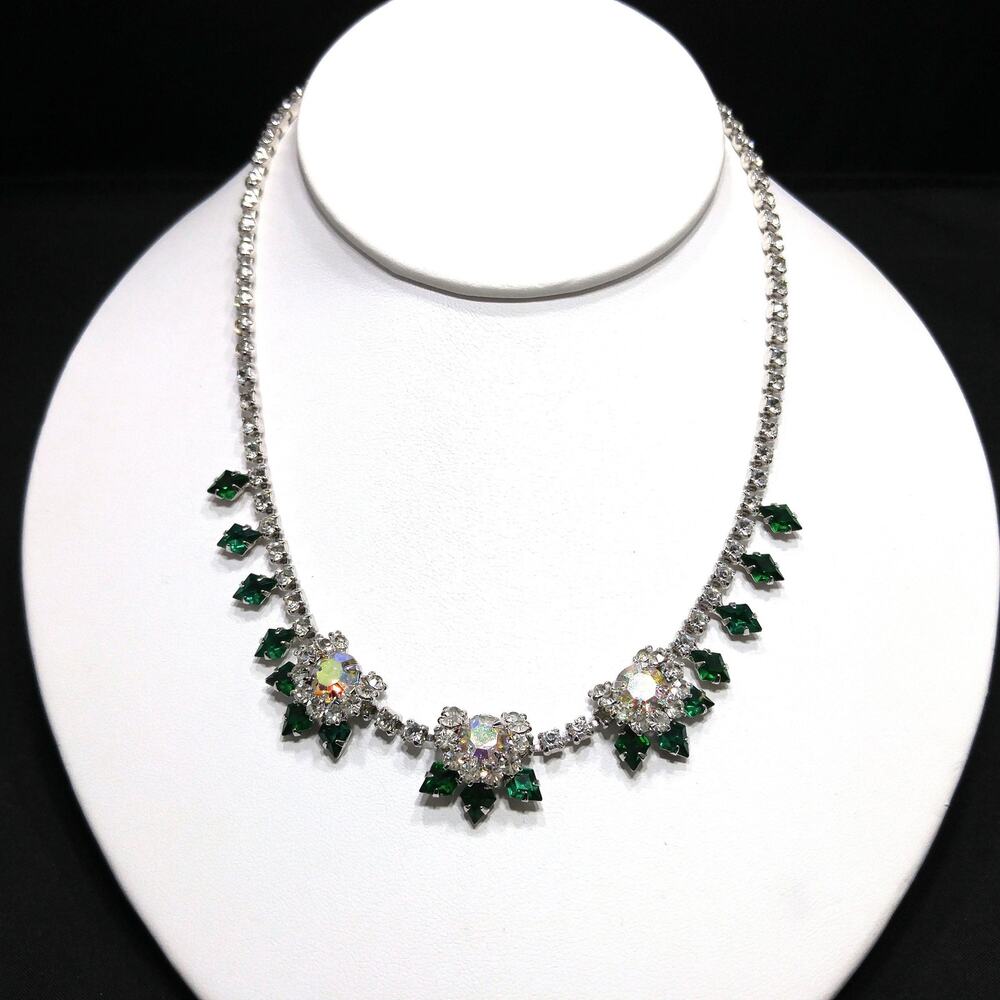 Vintage Green Clear Rhinestone Choker Necklace, Aurora Borealis, Rhodium Plated